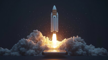 A rocket launching from a smartphone, symbolizing the growth and expansion of social media, digital marketing, and online business