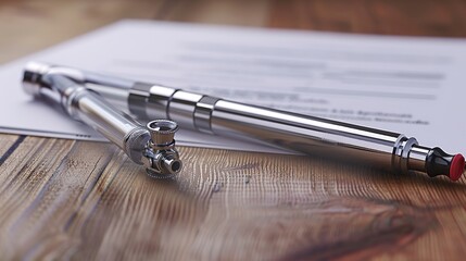Naklejka premium Close-up of a vape device on a wooden table with legal documents, symbolizing legal disputes and regulations in the vaping industry. Focused on modern e-cigarette technology and legal