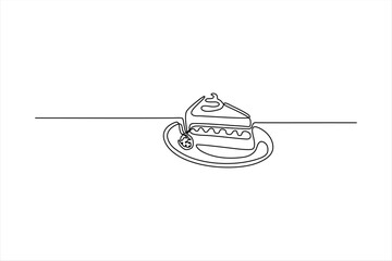 Simple line drawing of a delicious cake slice on a plate, showcasing minimalism