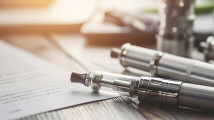 Fototapeta premium Close-up of a vape device on a wooden table with legal documents, symbolizing legal disputes and regulations in the vaping industry. Focused on modern e-cigarette technology and legal