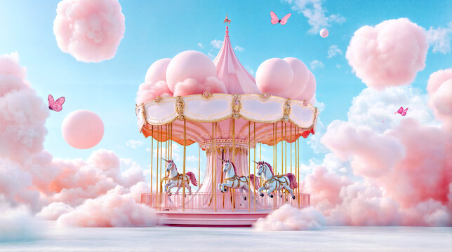 Dreamy Pink Carousel in a Cotton Candy Cloud Wonderland with Butterflies. World Circus Day