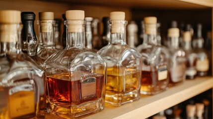 A neatly arranged display of various alcohol bottles on a shelf within a well-stocked liquor store.