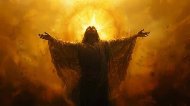 Jesus is depicted with arms raised towards the sky, symbolizing redemption and spirituality in a deeply moving and evocative portrayal, In an oil digital painting