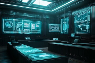 Obraz premium A futuristic courtroom with glowing holographic evidence displayed on screens.