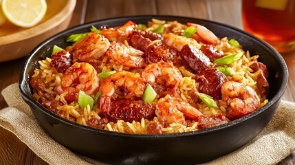 Fototapeta premium A vibrant dish of shrimp and rice, garnished with green onions, served in a cast-iron skillet, showcasing a delicious and hearty seafood meal.