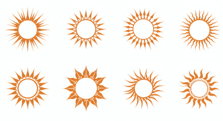 Fototapeta premium Collection of Eight Orange Sunburst Designs. Isolated on Transparent Background.