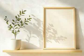 Indoor plant in white pot near picture frame on shelf. Plant with green leaves in pot is standing near frame with blank space. Decorative indoor plant near frame