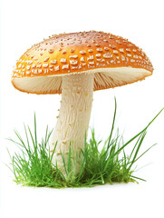 Mushroom on grass isolated on white background .