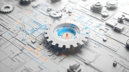 Metallic Gear on Circuit Board, A metallic gear placed on a complex circuit board with intricate pathways and components