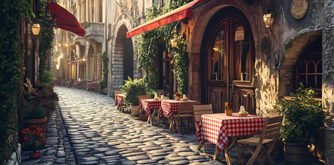 Quaint Cafe: A charming European street cafe scene, with outdoor seating under a red awning, inviting passersby to experience the romance and allure of a timeless culture.