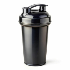 A sleek black shaker bottle for sports nutrition and vitamins,