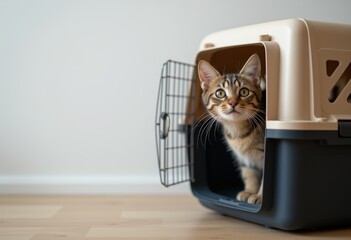 Naklejka premium Curious Tabby Kitten Peeking Out from a Plastic Carrier