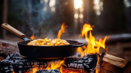 These golden pancakes are being cooked over lively campfire flames, embodying the joy of outdoor breakfasts and the warmth of shared moments with friends by nature.