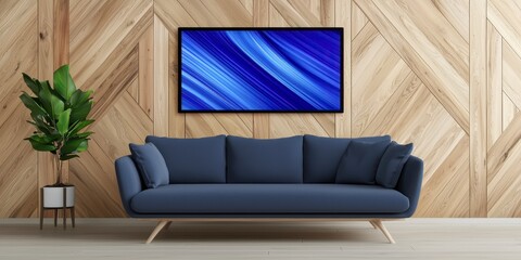 Fototapeta premium Cozy living room featuring a stylish blue couch surrounded by warm decor and natural light inviting relaxation