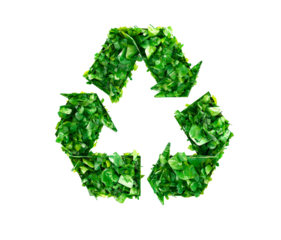 Recycling symbol made of lush green leaves isolated on transparent background