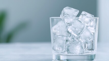 Ice cubes in glass on table, blurred background