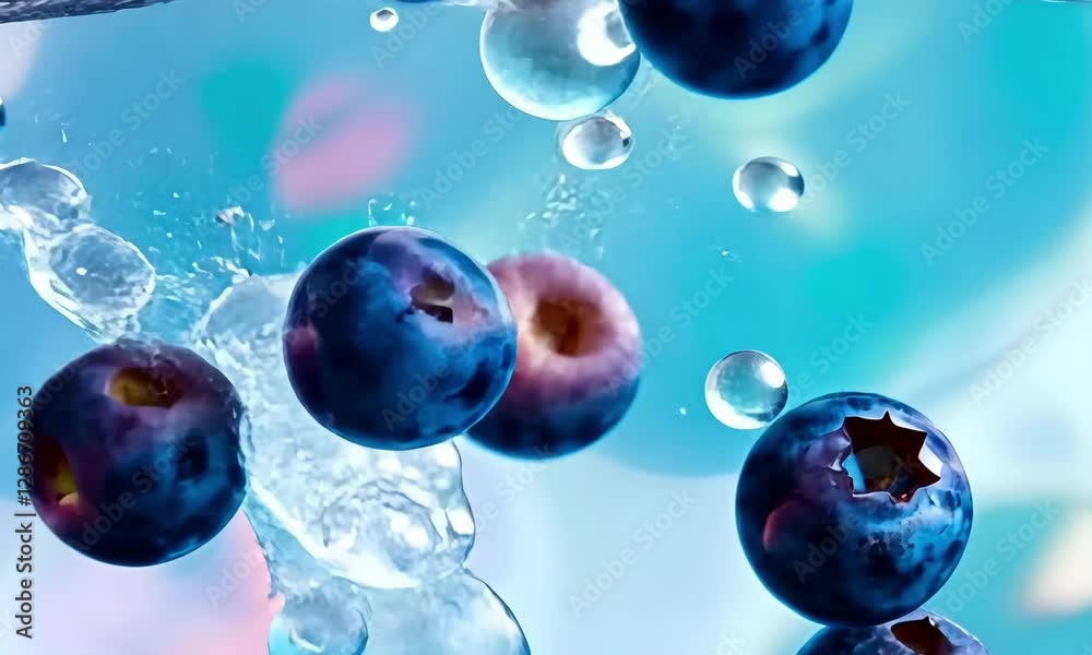 Poster Blueberries floating in water create stunning visual effects with light reflections and bubbles