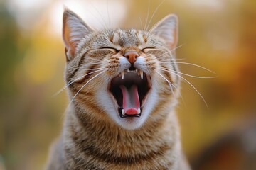Cute Tabby Cat Yawning in a Cozy Home Setting During the Afternoon Light