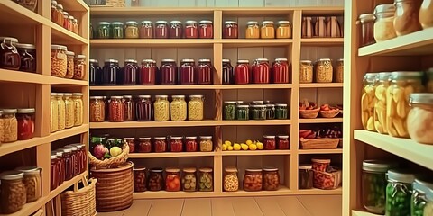 Home food storage room. Various jars with Home Canning Fruits and Vegetables jam on shelves. Orginized pantry items