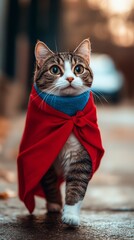 Cat in a Red Cape With Blue Scarf Standing on Cobblestone Path Surrounded by Autumn Leaves