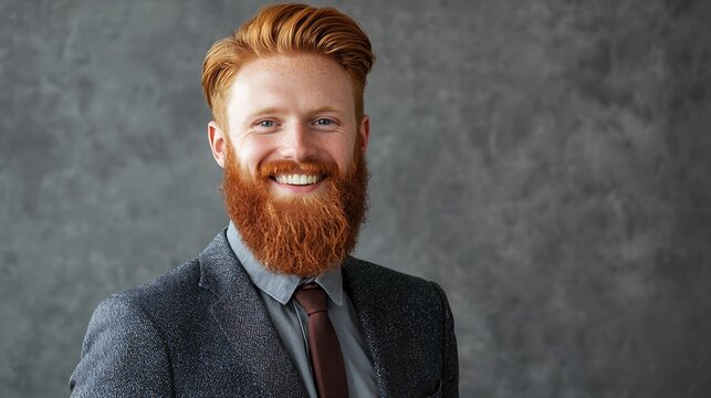 Confident ginger businessman smiling for camera Successful Irish businessman with ginger beard cheerfully smiling and looking at camera while standing against gray background businessman