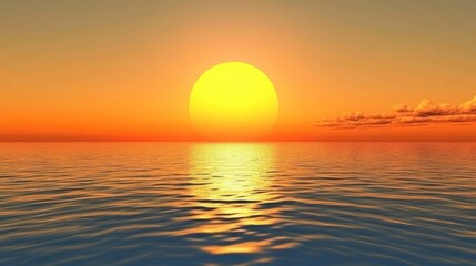 An endless horizon with a golden sun slowly setting over a calm sea