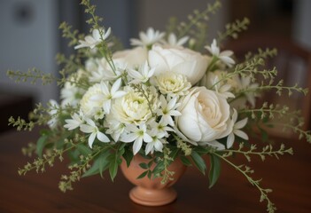 Obraz premium Bouquet of white flowers including roses and daisies in a terracotta vase