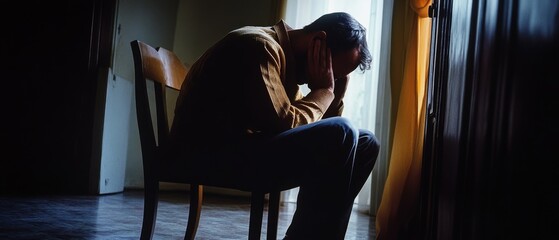 A man sits pensively on a chair, hands on head, in a room with dim lighting, embodying introspection and emotional depth.