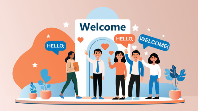 Vector illustration of a welcome greeting scene with diverse people smiling and waving. Perfect for teamwork, collaboration, business onboarding, hospitality, and friendly social interaction themes.