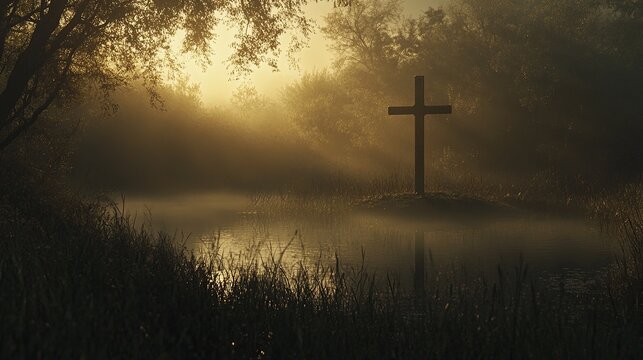 Reflective Holy Saturday: A Serene Cross Silhouette at Sunset, Spiritual Peace, Easter, Christian Faith, Religious Symbol, Hope, Resurrection,