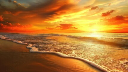 A brilliant orange and yellow sunset over a beach with smooth waves