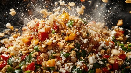 A giraffe stands gracefully while diverse foods are blended with various ingredients, showcasing an intriguing culinary scene.