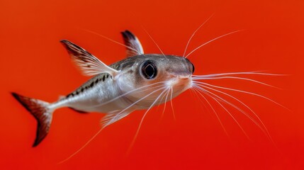 Fototapeta premium A catfish with long, delicate whiskers positioned against an orange backdrop
