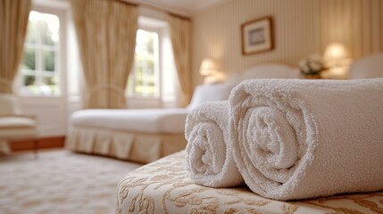 Neatly folded towels are arranged on a bed in a stylish hotel room, featuring a large window that allows natural light to illuminate the space.