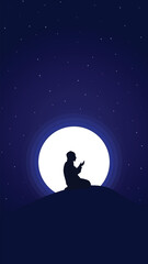 Men Praying Dua Islam with Crescent Moon and Stars on Night Sky Background – Spiritual Muslim Prayer Phone Wallpaper Vector Illustration for Ramadan, Eid, and Islamic Worship