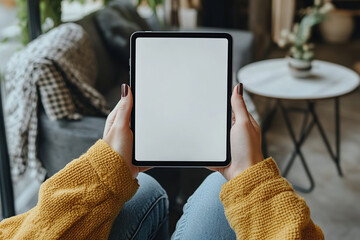 Hands holding a blank tablet in a cozy indoor setting