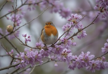 Fototapeta premium Small Bird Perched on a Branch Amongst Blooming Pink Flowers