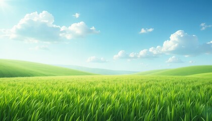Fototapeta premium Lush green grass field with bright sky and soft clouds in a serene landscape