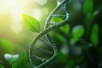 Concept of green biotechnology or synthetic biology, graphic of plant with DNA