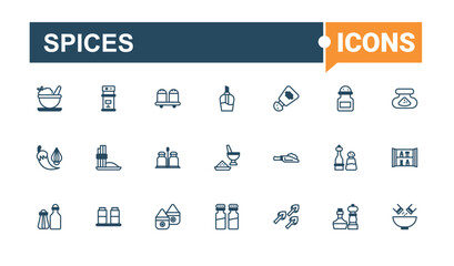 Spices icon collection. Includes icons for web, powder, garlic, 5ar, leaf, ingredient, bay leaf and more. Flat icon. Solid line editable stroke.