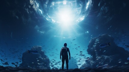 Obraz premium A diver observing a school of fish in the clear ocean, right empty space, soft aqua background,generative ai illustration