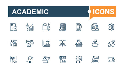 Academic line icons set. Contains such icons as training, student, university, digital, man, seminar and more. Outline icon. Editable vector outline and solid icons.