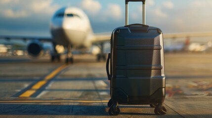 Solitary suitcase on tarmac with airplane in distance, symbolizing travel, departure, and journey concepts. Modern luggage and aviation themes for travel-related projects.
