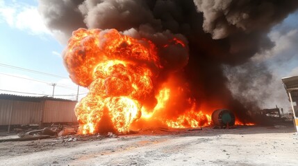 A dramatic explosion engulfs the scene in flames and smoke, highlighting chaos and destruction in an industrial setting, evoking a sense of urgency and power.