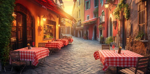 Cafe in the Charming Street: A vibrant street cafe scene at dusk, with red-checkered tablecloths, cozy outdoor seating, and colorful buildings, inviting a sense of warmth and European charm. 