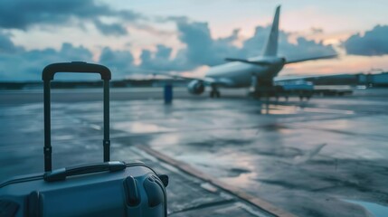 Solitary suitcase on tarmac with airplane in distance, symbolizing travel, departure, and journey concepts. Modern luggage and aviation themes for travel-related projects.