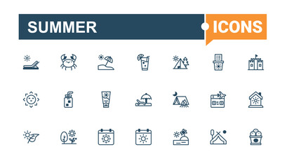 Summer icon pack. Contains such icons as tour, starfish, tropical, nature, graphic, summer, sea, glass. Minimalistic icons. Outline and solid pictogram.
