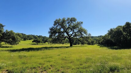 A majestic oak tree stands alone in a vibrant green field under a clear blue sky.