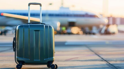 Solitary suitcase on tarmac with airplane in distance, symbolizing travel, departure, and journey concepts. Modern luggage and aviation themes for travel-related projects.