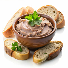 A delicious bowl of pate accompanied by slices of bread